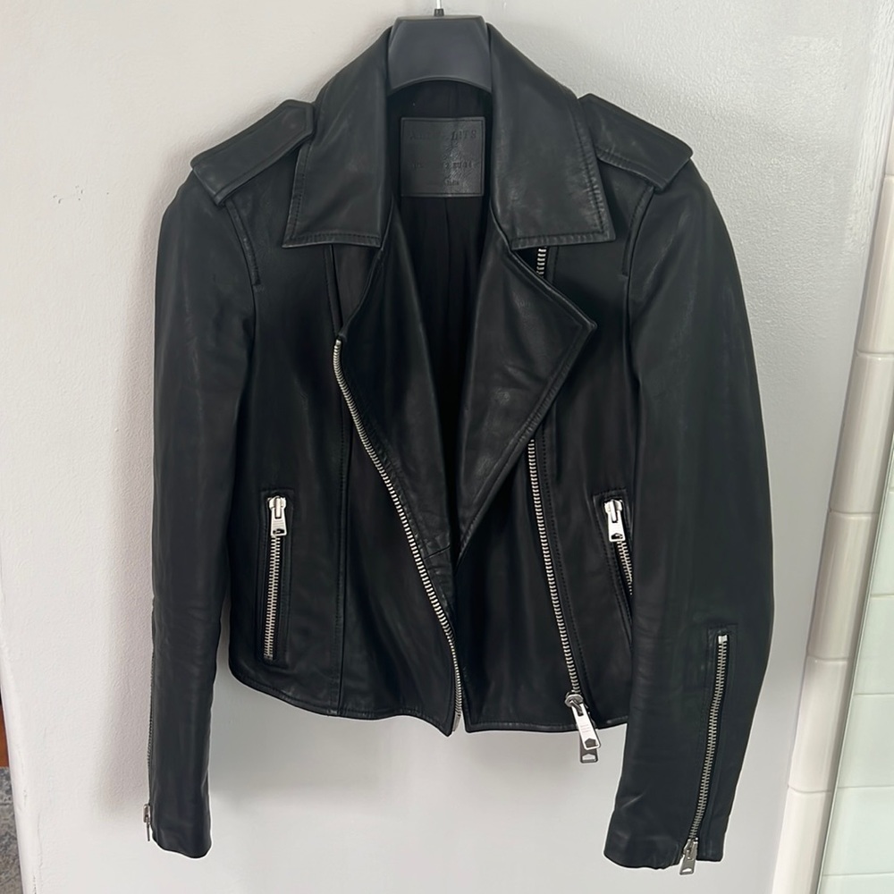 All Saints Black Leather Biker Jacket. “Coniston Biker” Size 2. Retail over $600
